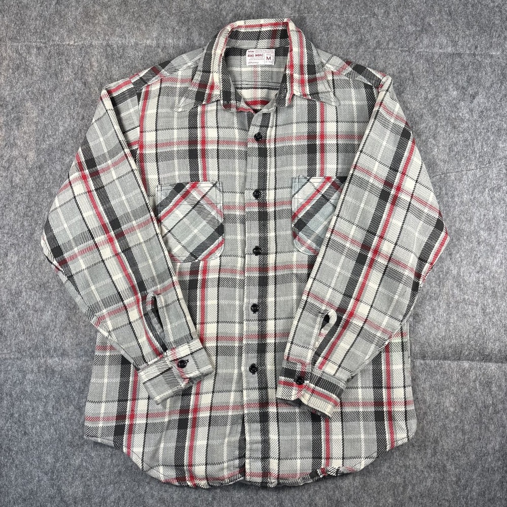 True Vintage JC Penny Big Mac Flannel Shirt Men's Medium‎ Plaid 60s 70s Red Gray